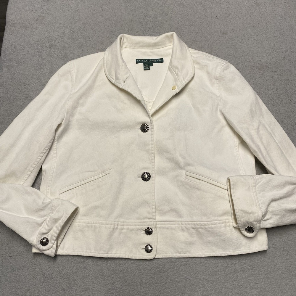 Vintage Ralph Lauren Denim Jacket Womens Large White Metal Button Western Unique
